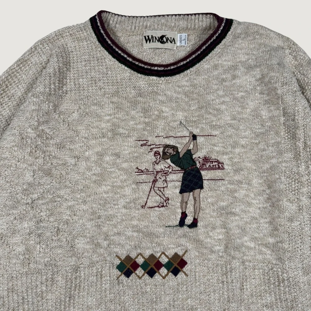 Vintage Winona Golf Embroidered Knit Sweater Womens Large Oatmeal Argyle USA